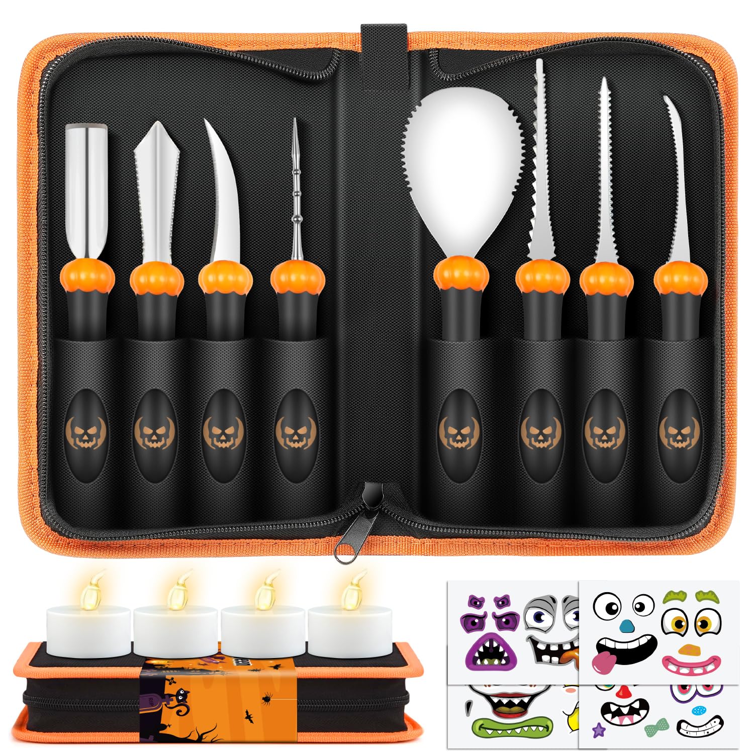 FUNNYB&G Pumpkin Carving Tools Kit Halloween - 16 PCS Professional Pumpkin Carving Set For Kids Or Adults - 8 PCS Stainless Steel Carving Tools Halloween Decoration Stickers and LED Pumpkin Lights