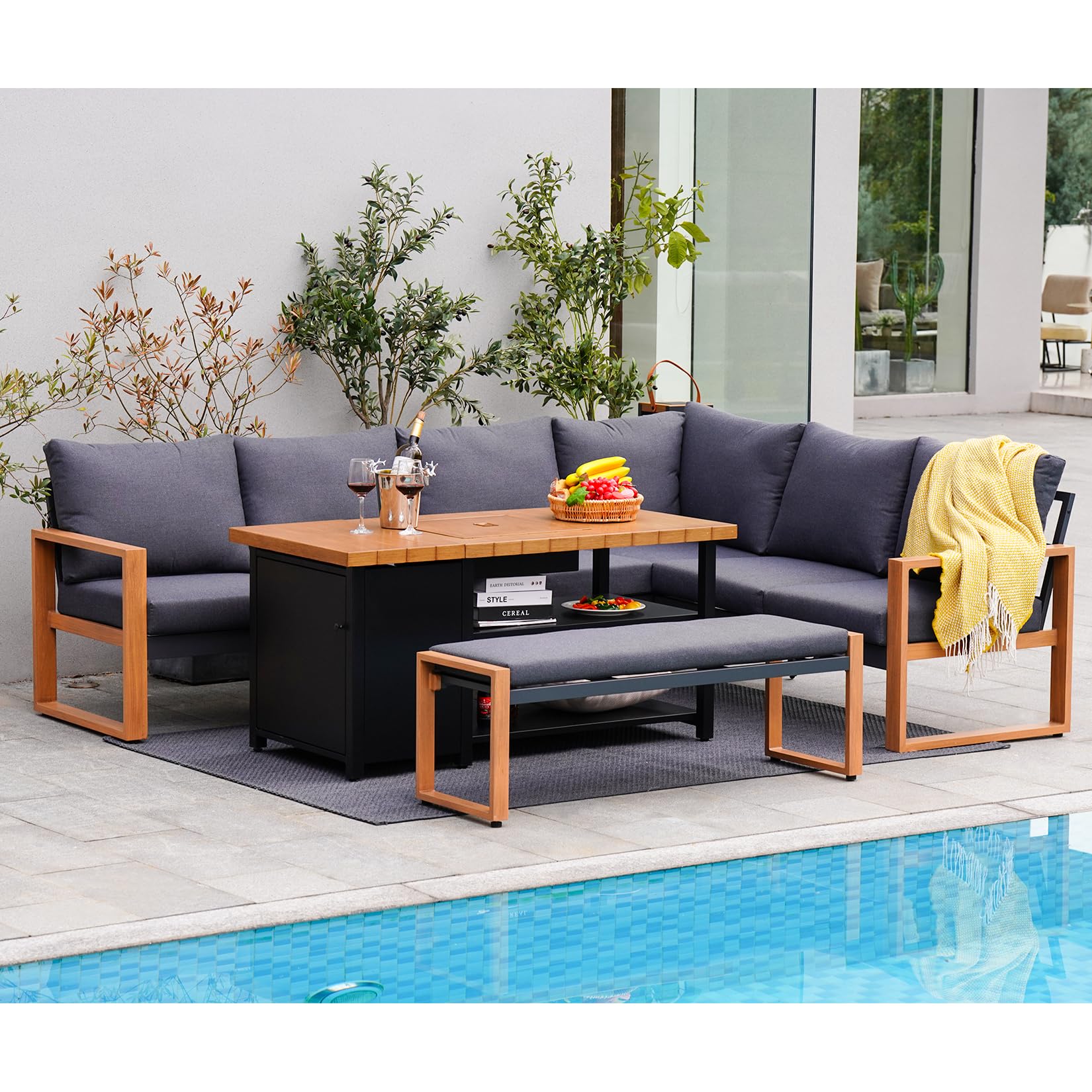 Grand patio 4-Piece Outdoor Furniture Set with Gas Fire Pit Table, Aluminum Patio Sofa Set for 8 with Faux Wood Grain Finish, Modern Patio Couch Sofa with Outdoor Bench and Chaise for Backyard