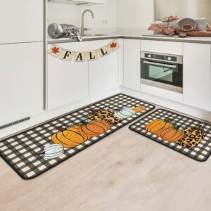 OUXIOAZ Buffalo Plaid Fall Pumpkin Decorative Kitchen Rugs Set of 2, Non Slip Absorbent Autumn Thanksgiving Pumpkin Kitchen Rugs and Mats Sets 17"x47"+17"x30"