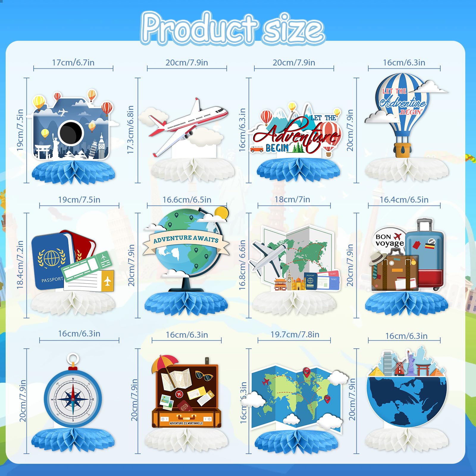 12PCS Travel Themed Party Decorations Travel Honeycomb Centerpieces Bon Voyage Party Decor Adventure Awaits Table Toppers for Baby Shower Retirement Birthday Party