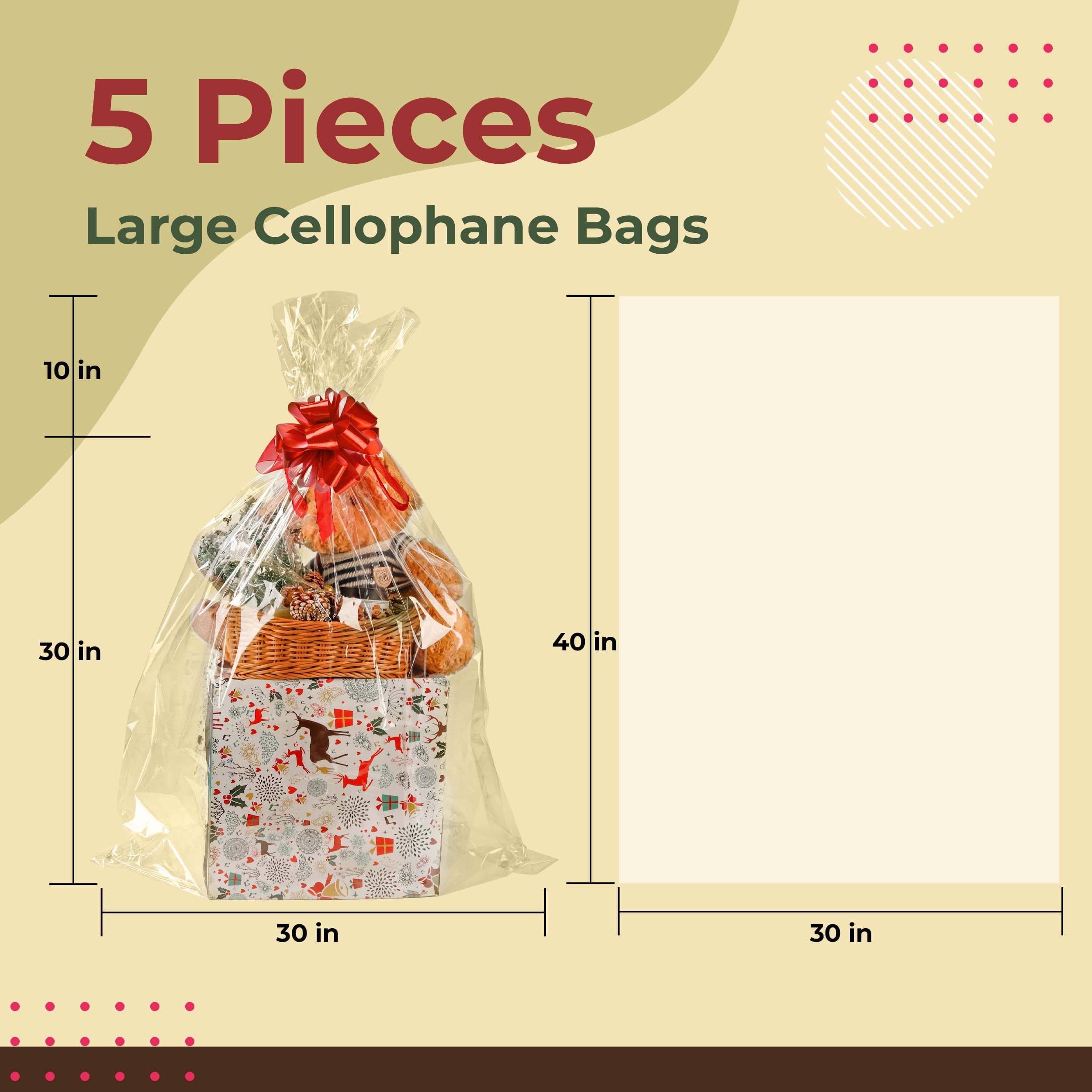 NPLUX 5 Pack Cellophane Gift Bags Large Treat Bags Clear Plastic Gift Bags Cellophane Wrap for Gift Baskets (30×40IN)