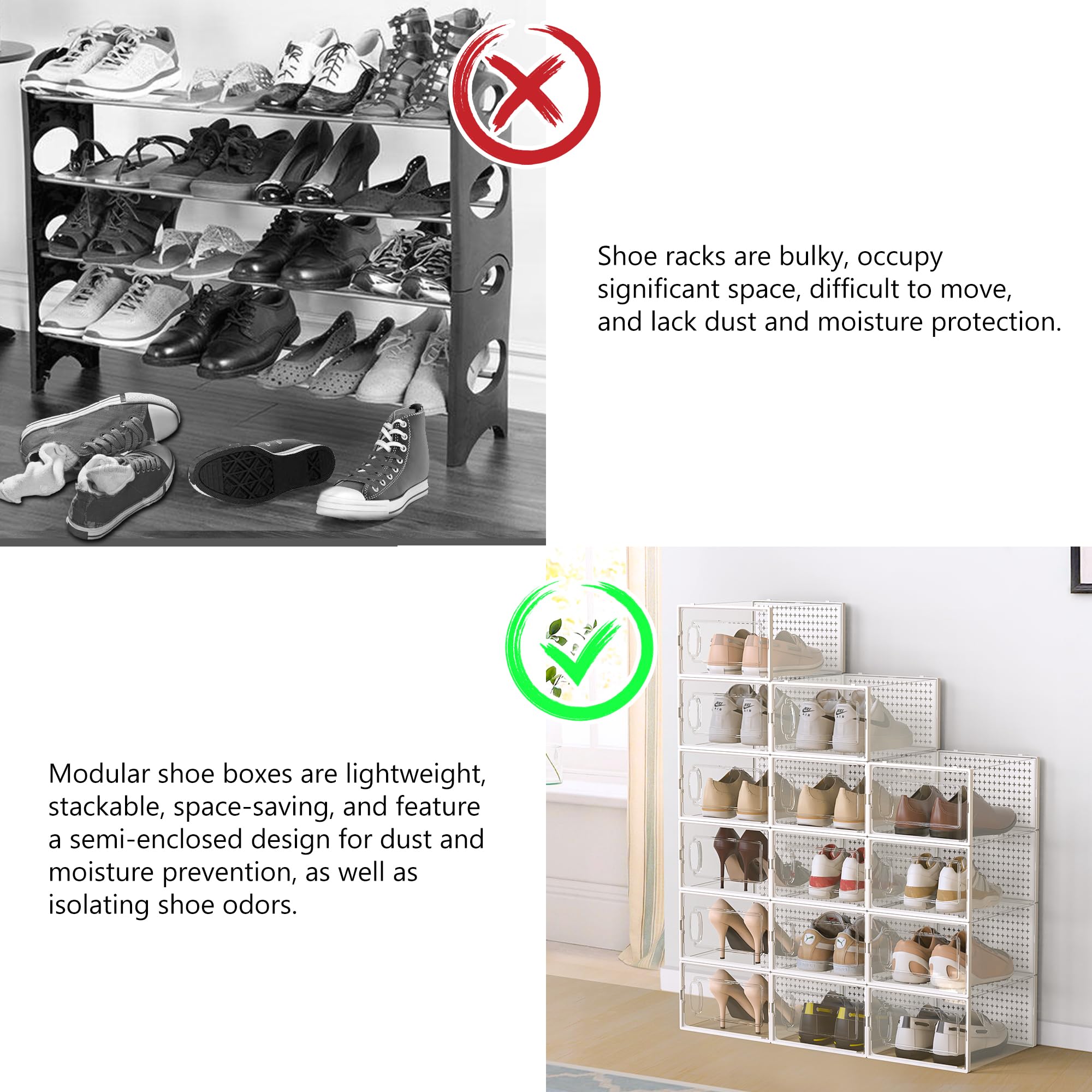 Fkprorjv 12 Pack Large Shoe Storage Box Organizer for Closet, Versatile Clear Plastic Stackable Sneaker Shoe Rack Containers Bins Holders, Portable Closet Organizers and Storage, White