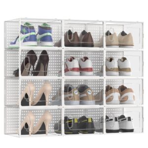 Fkprorjv 12 Pack Large Shoe Storage Box Organizer for Closet, Versatile Clear Plastic Stackable Sneaker Shoe Rack Containers Bins Holders, Portable Closet Organizers and Storage, White