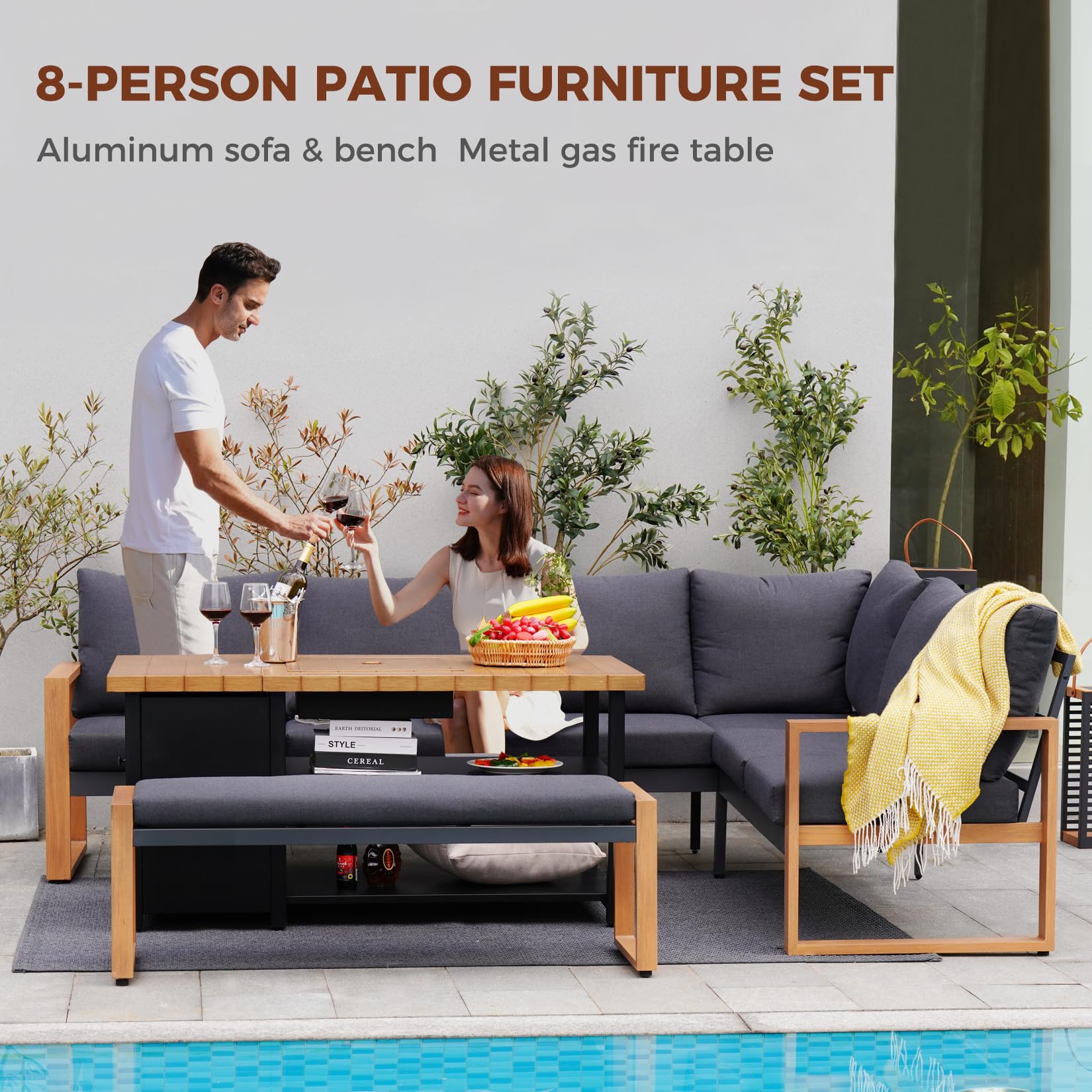 Grand patio 4-Piece Outdoor Furniture Set with Gas Fire Pit Table, Aluminum Patio Sofa Set for 8 with Faux Wood Grain Finish, Modern Patio Couch Sofa with Outdoor Bench and Chaise for Backyard