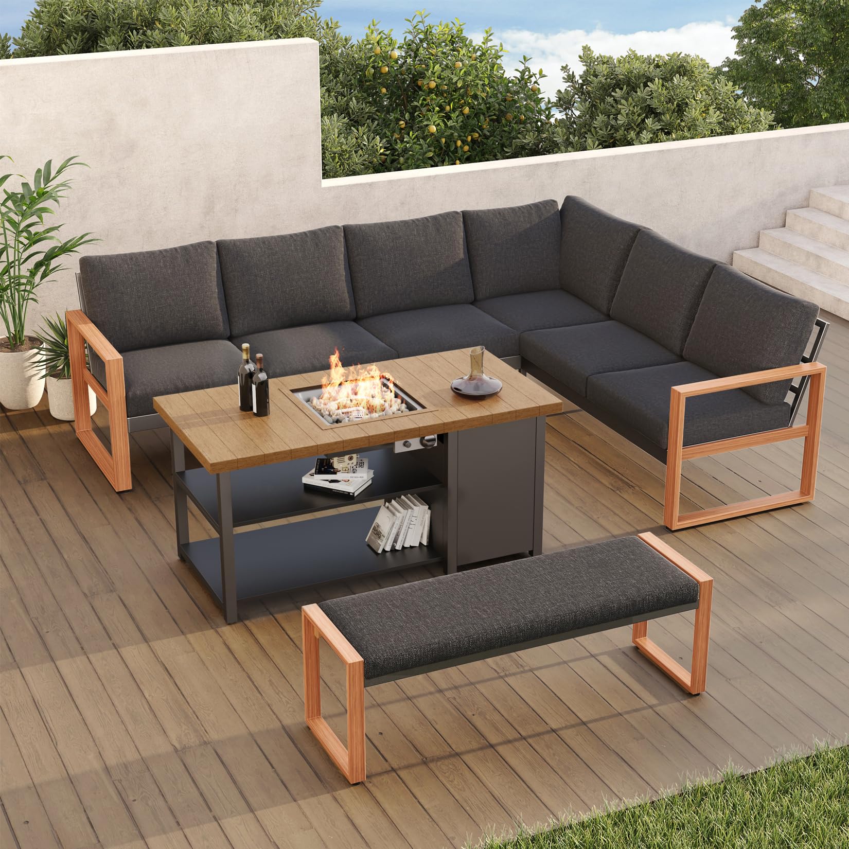 Grand patio 4-Piece Outdoor Furniture Set with Gas Fire Pit Table, Aluminum Patio Sofa Set for 8 with Faux Wood Grain Finish, Modern Patio Couch Sofa with Outdoor Bench and Chaise for Backyard