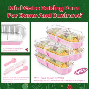 NPLUX 50 Pack Mini Cake Pans with Lids and Spoons Rectangular Aluminum Foil Baking Pans Mini Cheesecake Containers(6.8oz)