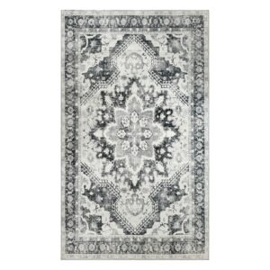 NANPIPER Washable Area Rug, 5x7 Rug for Living Room with Non-Slip Backing, Ultra-Thin Vintage Carpet, Non-Shedding Distressed Rug for Bedroom,Dinning Room(5'x7', Light Grey)