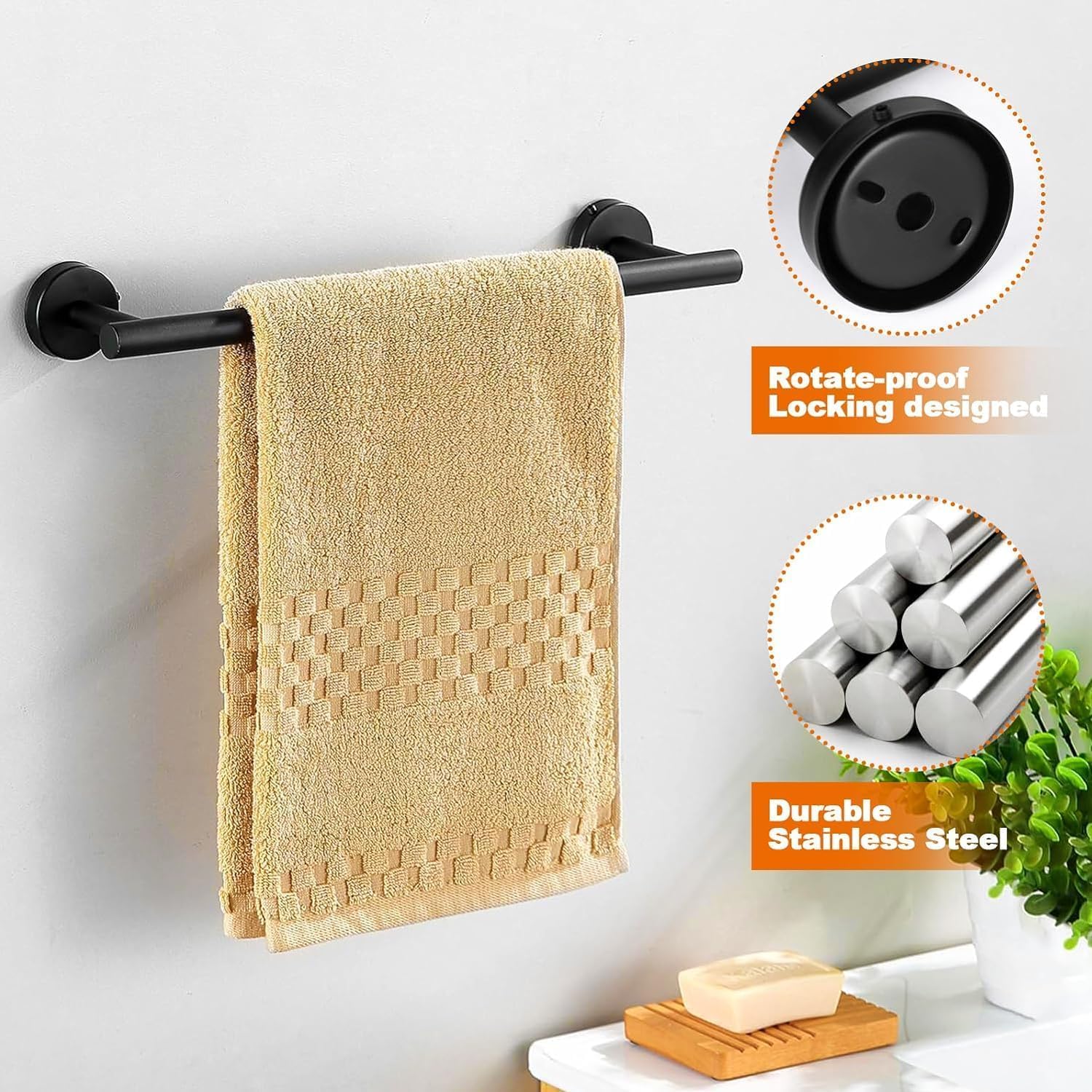 Bathroom Hardware Set, 16" Matte Silver Bathroom Accessory Set, 5 Pieces Hand Towel Bar Set Wall Mounted, Including 16" Hand Towel Bars, Toilet Paper Holders, Robe Towel Hooks Black