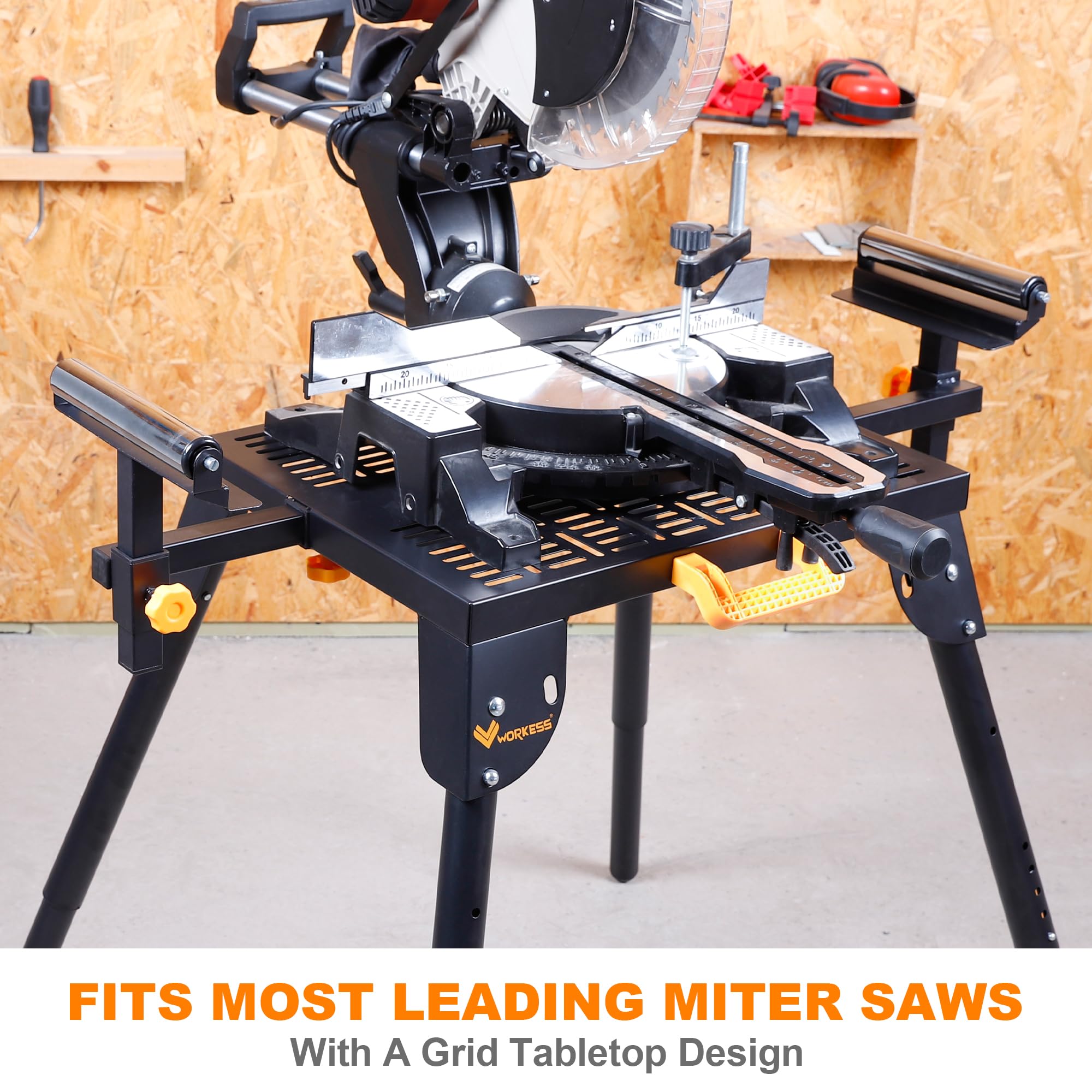 WORKESS Universal Miter Saw Stand with Grid Tabletop 300 lbs Load Capacity 6-Level Height Adjustment Table Saw Stand WK-MS046