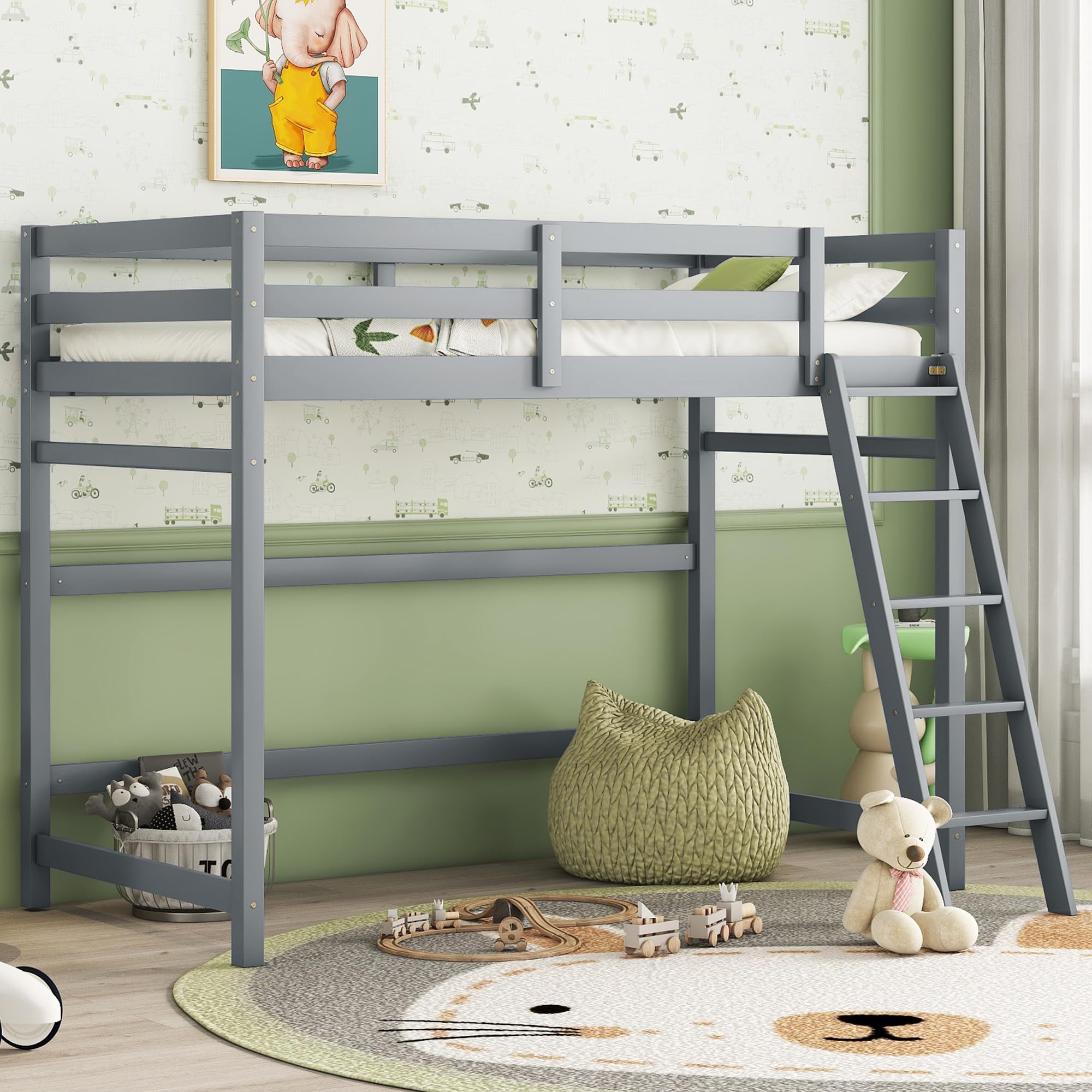 Bellemave Twin Size Loft Bed with Ladder, Wooden Loft Bed for Kids Teens, Loft Bed for Girls, Boys, Gray