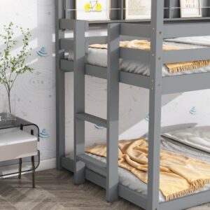 Bellemave Twin Size House Bunk Bed with Bookshelves for Kids,Twin Over Twin Floor Bunk Beds with Semi-Enclosed Roof,Solid Wood Twin Size Low Bunk Bed for Girls Boys,Gray