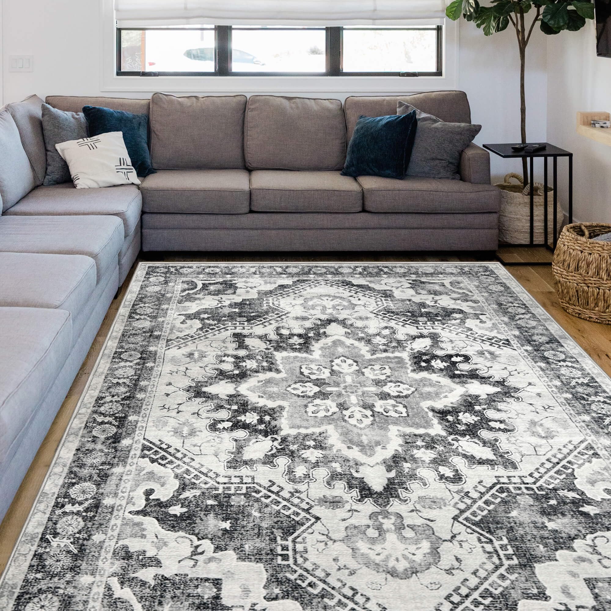 NANPIPER Washable Area Rug, 5x7 Rug for Living Room with Non-Slip Backing, Ultra-Thin Vintage Carpet, Non-Shedding Distressed Rug for Bedroom,Dinning Room(5'x7', Light Grey)