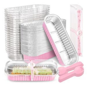 nplux 50 pack mini cake pans with lids and spoons rectangular aluminum foil baking pans mini cheesecake containers(6.8oz)