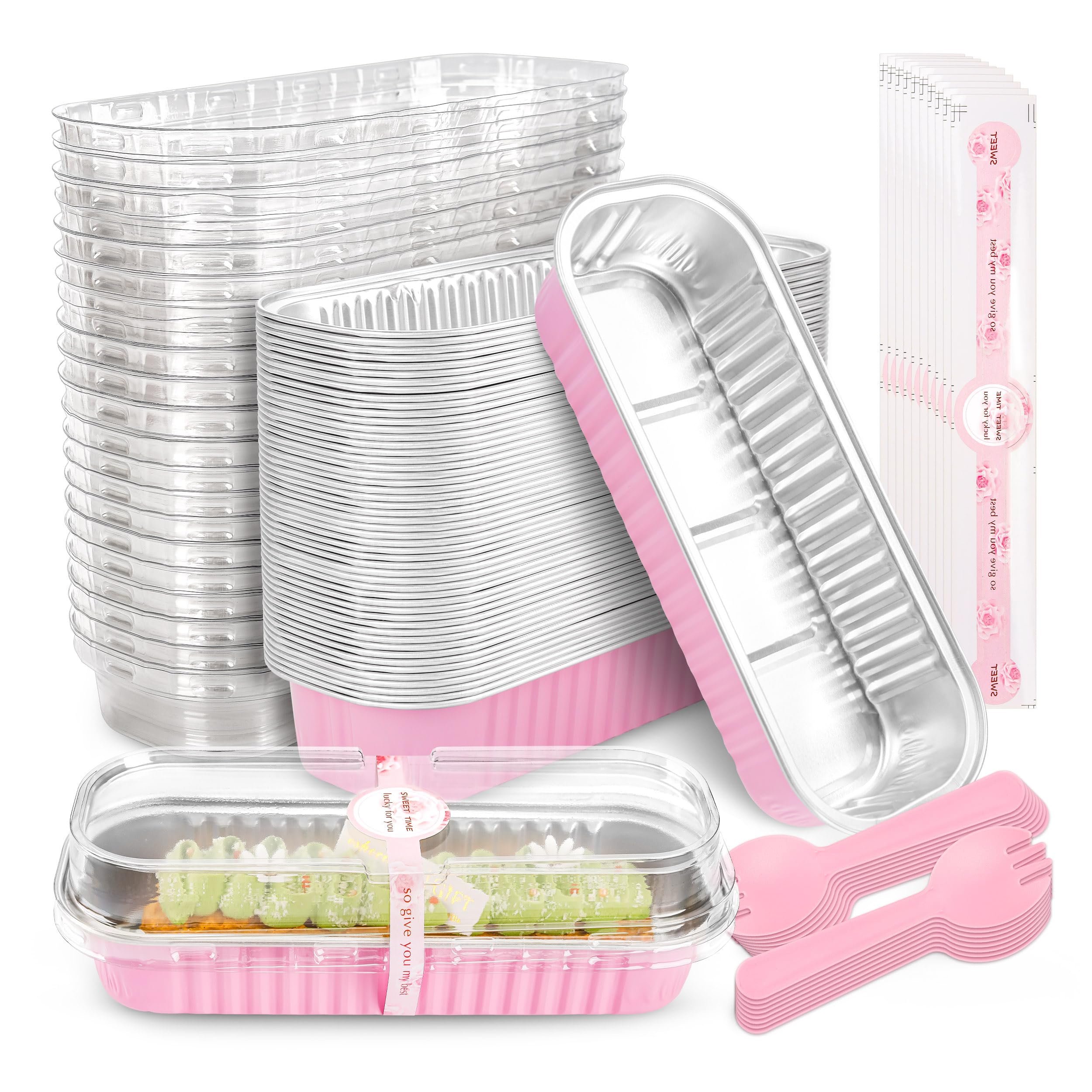 NPLUX 50 Pack Mini Cake Pans with Lids and Spoons Rectangular Aluminum Foil Baking Pans Mini Cheesecake Containers(6.8oz)