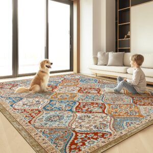 boho vintage area rug, 5x7 washable retro bohemian moroccan neutral large rugs, floral ultra thin low pile lightweight indoor nonshedding nonslip floor carpet for living room bedroom kidsroom office