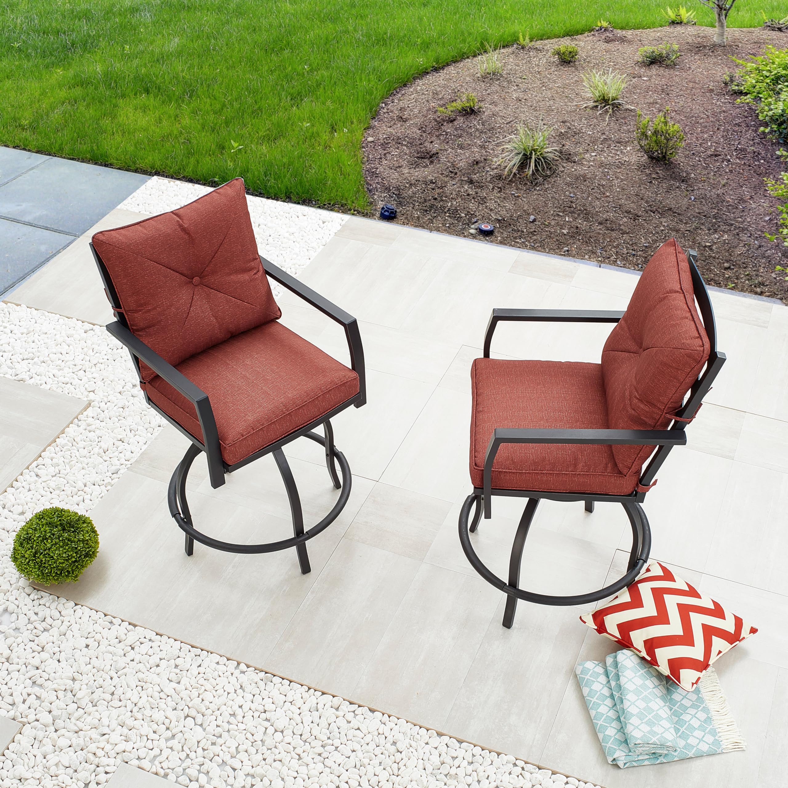 LOKATSE HOME 2 PCS Outdoor Patio Bar Height Swivel Chairs with Seat and Back Cushions, for Backyard, Garden, Bistro, Deck, Poolside, Red