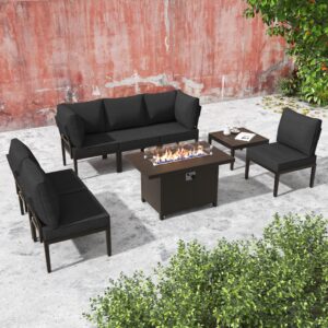 gotland 6-seater patio furniture set with 43in gas fire pit table - modern outdoor metal sectional sofa with 55,000 btu propane fire pit, black cushions