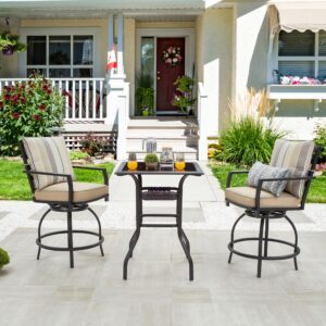 lokatse home 3 pcs patio bistro furniture set with 2 swivel height chairs & 1 square classic black table for garden, backyard, porch, deck, beige