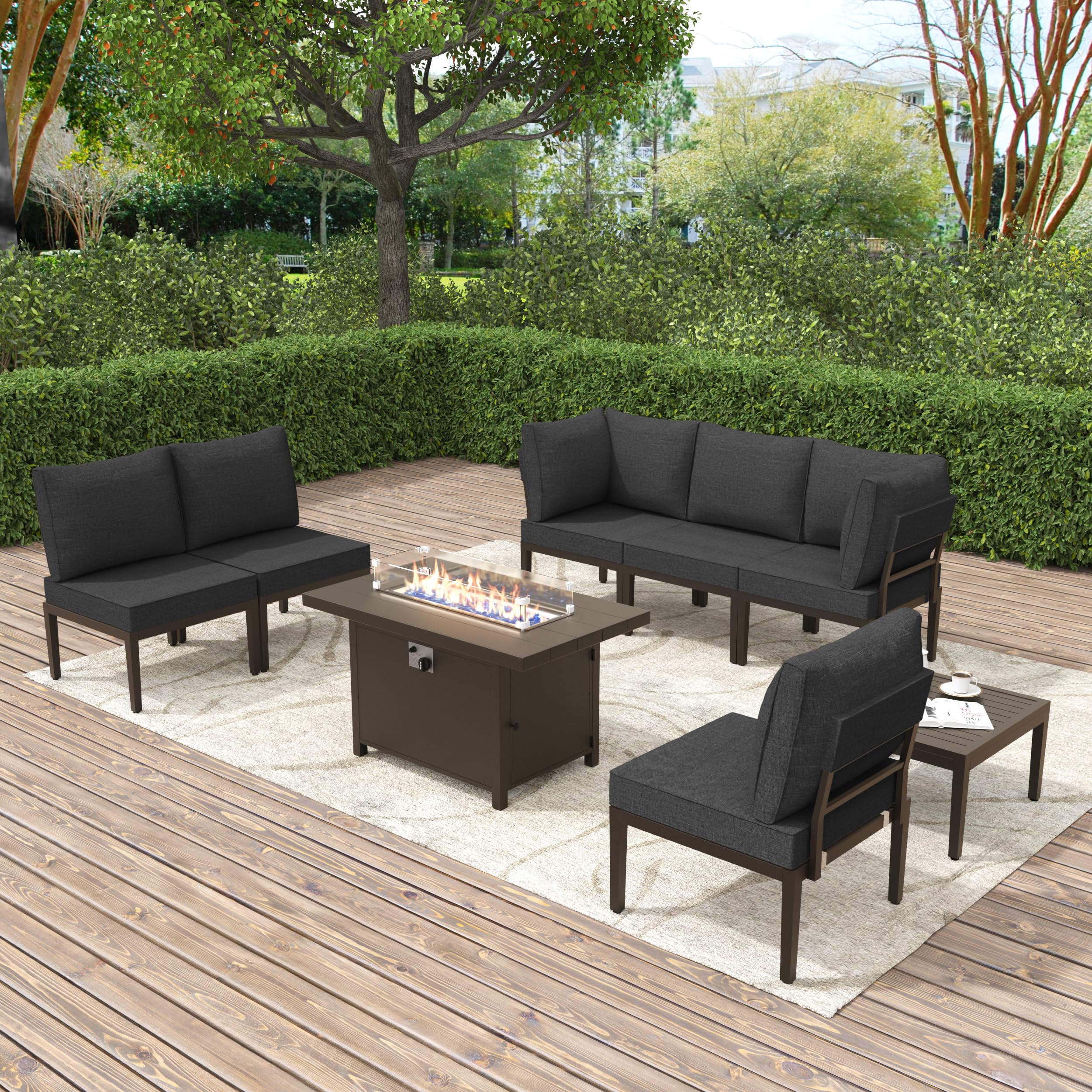 Gotland 6-Seater Patio Furniture Set with 43in Gas Fire Pit Table - Modern Outdoor Metal Sectional Sofa with 55,000 BTU Propane Fire Pit, Black Cushions