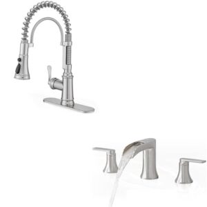 hoigy 3 mode 360 degree swivel stainless steel faucet for kitchen sink, 1 handle kitchen sink faucet with deck plate, brass deck mount waterfall bathtub faucet set high flow widespread 6-16 inch