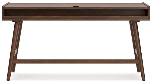 Signature Design by Ashley Lyncott Mid Century 3-Drawer 60" Home Office Desk with Cord Management, Open Cubby and Tapered Legs, Dark Brown