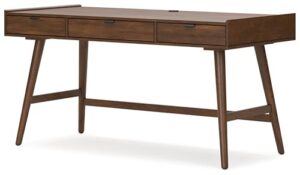 signature design by ashley lyncott mid century 3-drawer 60" home office desk with cord management, open cubby and tapered legs, dark brown