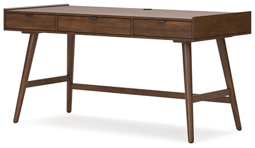 Signature Design by Ashley Lyncott Mid Century 3-Drawer 60" Home Office Desk with Cord Management, Open Cubby and Tapered Legs, Dark Brown