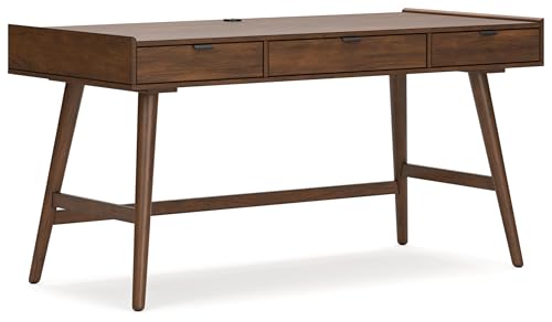 Signature Design by Ashley Lyncott Mid Century 3-Drawer 60" Home Office Desk with Cord Management, Open Cubby and Tapered Legs, Dark Brown