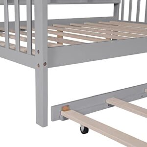 YOPTO Full Size House Bed with Trundle,Pine Wood Playhouse Bed Frame W/Storage Shelf,Front and Rear Guardrails,No Box Spring Needed,Easy Assembly,for Kids,Boys,Girls