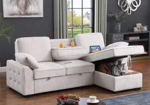 l-shaped sofabed chenille upholstered pull out sleep couch bed, button tufted sleeper sectional sofa w/storage chaise, drop-down table, cup holders and charging ports (usb & type-c) for living room