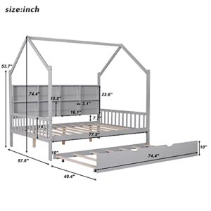 YOPTO Full Size House Bed with Trundle,Pine Wood Playhouse Bed Frame W/Storage Shelf,Front and Rear Guardrails,No Box Spring Needed,Easy Assembly,for Kids,Boys,Girls