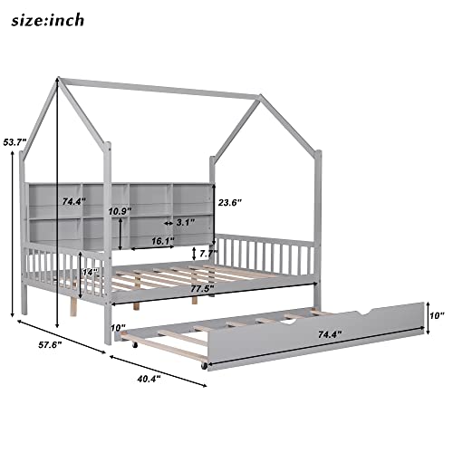 YOPTO Full Size House Bed with Trundle,Pine Wood Playhouse Bed Frame W/Storage Shelf,Front and Rear Guardrails,No Box Spring Needed,Easy Assembly,for Kids,Boys,Girls