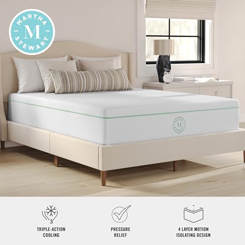 Martha Stewart SleepComplete Queen Mattress in a Box, Medium-Firm Triple-Action Cooling Gel Memory Foam Mattress, Removable Coolweave Jacquard Cover, 12", White