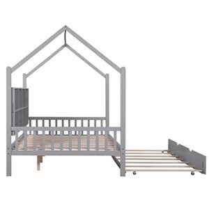 YOPTO Full Size House Bed with Trundle,Pine Wood Playhouse Bed Frame W/Storage Shelf,Front and Rear Guardrails,No Box Spring Needed,Easy Assembly,for Kids,Boys,Girls