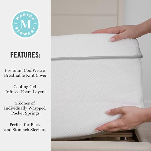 Martha Stewart SleepComplete Twin Mattress in a Box, Firm Pocket Spring and Foam Hybrid Mattress, Dual-Action Cooling, 5-Way Zoning, Coolweave Cover, 12 ", White