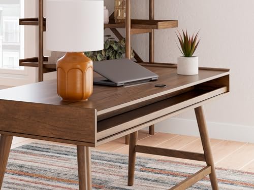 Signature Design by Ashley Lyncott Mid Century 3-Drawer 60" Home Office Desk with Cord Management, Open Cubby and Tapered Legs, Dark Brown