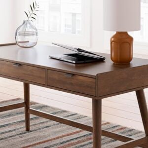 Signature Design by Ashley Lyncott Mid Century 3-Drawer 60" Home Office Desk with Cord Management, Open Cubby and Tapered Legs, Dark Brown