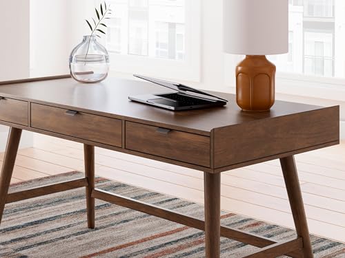 Signature Design by Ashley Lyncott Mid Century 3-Drawer 60" Home Office Desk with Cord Management, Open Cubby and Tapered Legs, Dark Brown