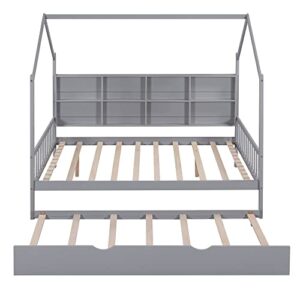 YOPTO Full Size House Bed with Trundle,Pine Wood Playhouse Bed Frame W/Storage Shelf,Front and Rear Guardrails,No Box Spring Needed,Easy Assembly,for Kids,Boys,Girls