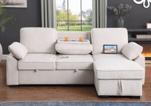 l-shaped pull out sleep sofabed,modern reversible sleeper sectional sofa chenille upholstered button tufted decor with storage chaise, drop-down table, cup holders and charging ports (usb & type-c)