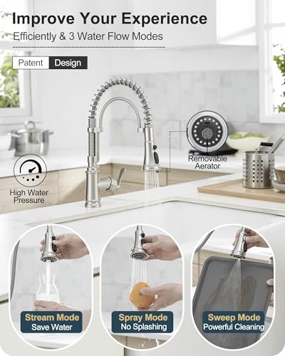 HOIGY 3 Mode 360 Degree Swivel Stainless Steel Faucet for Kitchen Sink, 1 Handle Kitchen Sink Faucet with Deck Plate, Brass Deck Mount Waterfall Bathtub Faucet Set High Flow Widespread 6-16 Inch