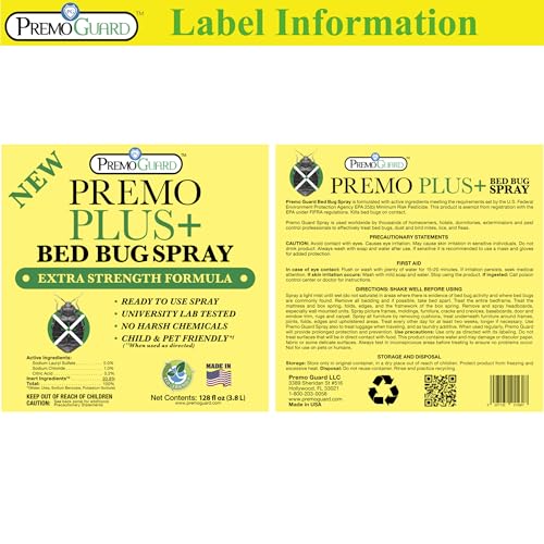 Premo Plus+ Bed Bug Spray Extra Strength – 128 oz – Fast Acting Bed Bug Treatment & Killer – Stain & Scent Free – Child & Pet Safe – Powerful New Stronger Formula – Natural with No Harmful Chemicals