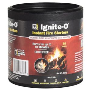 ignite-o instant fire starters - 50 packets of easy lighting fire starter - ideal for campfires, charcoal grills, fireplaces, and woodstoves - odorless, fast ignition