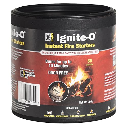 Ignite-O Instant Fire Starters - 50 Packets of Easy Lighting Fire Starter - Ideal for Campfires, Charcoal Grills, Fireplaces, and Woodstoves - Odorless, Fast Ignition