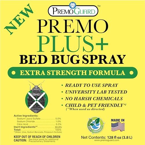 Premo Plus+ Bed Bug Spray Extra Strength – 128 oz – Fast Acting Bed Bug Treatment & Killer – Stain & Scent Free – Child & Pet Safe – Powerful New Stronger Formula – Natural with No Harmful Chemicals