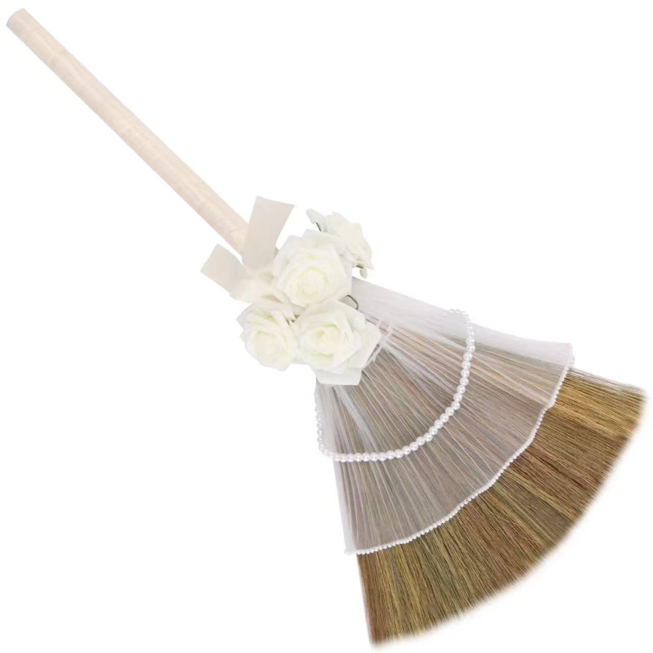 Wedding Broom for Jumping Ceremony, Decorative Jump Broom DIY White Tulle Accents with Ribbons Artificial Pearl Roses