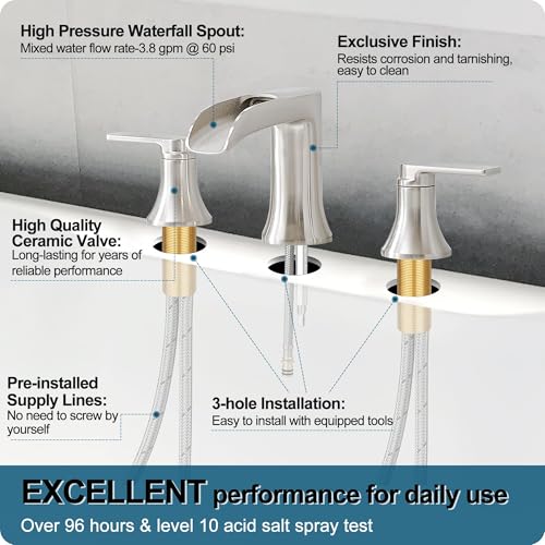 HOIGY 3 Mode 360 Degree Swivel Stainless Steel Faucet for Kitchen Sink, 1 Handle Kitchen Sink Faucet with Deck Plate, Brass Deck Mount Waterfall Bathtub Faucet Set High Flow Widespread 6-16 Inch