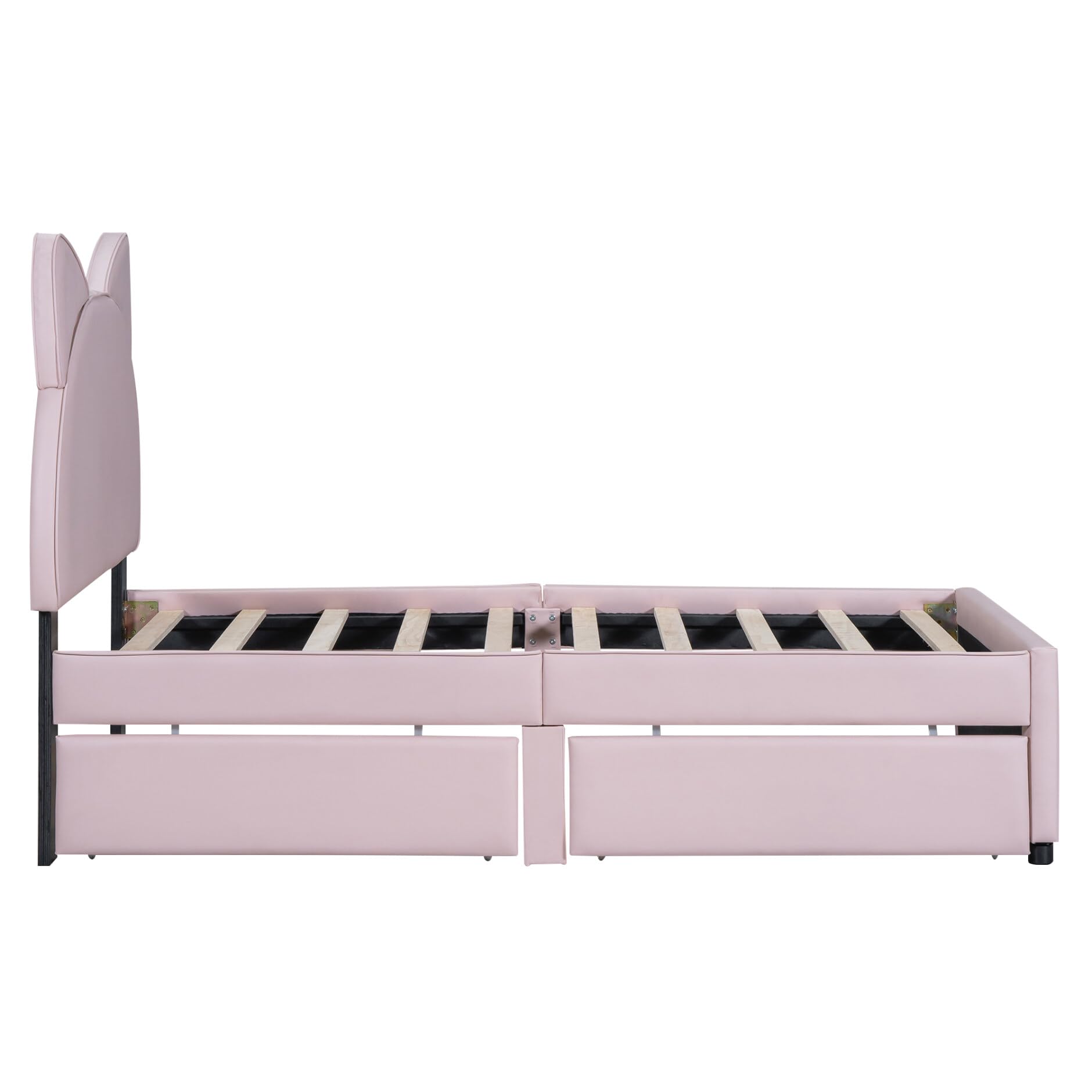 i-POOK Twin Bed Frame for Children, Upholstered Platform Bed with Cat Ears Shaped Headboard and 2 Drawers, Twin Size Storage Bed for Boys and Girls, Pink