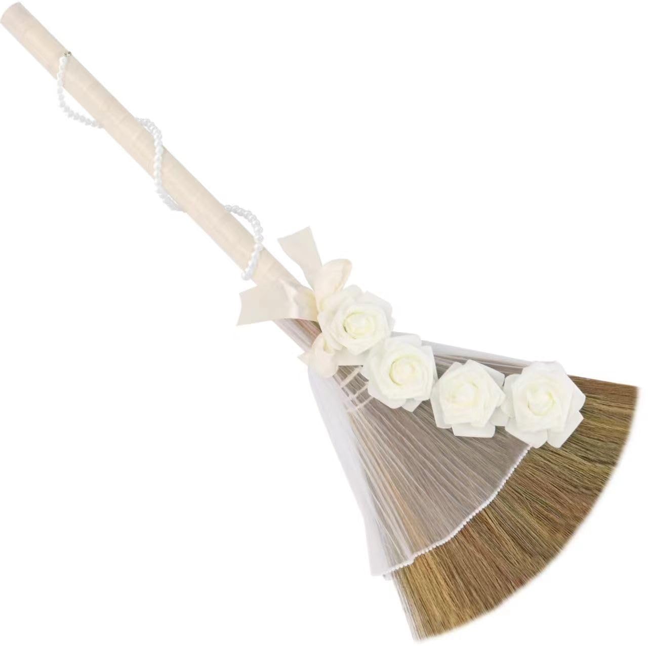 Wedding Broom for Jumping Ceremony, Decorative Jump Broom DIY White Tulle Accents with Ribbons Artificial Pearl Roses