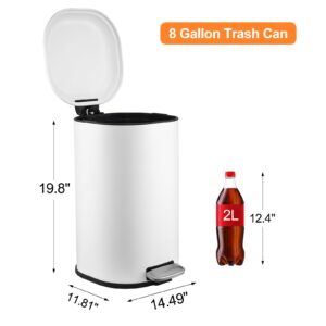 8 Gallon Step Trash Can, Square Fingerprint-Proof Foot Pedal Garbage Can with Soft-Close Lid for Kitchen Bathroom Bedroom Living Room Home Office Dorm, without Inner Bucket, 30-Liter, White